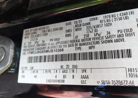 2021 Ford Escape Se z USA, uszkodzony, nr VIN 1FMCU0G65MUB10368